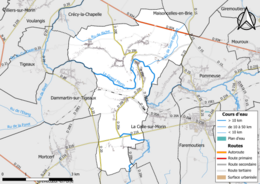 Carte en couleur présentant le réseau hydrographique de la commune