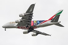 An Emirates A380 in a special livery for the 2019 Cricket World Cup