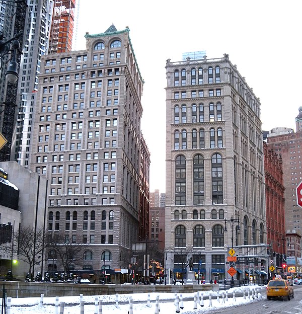 New York Times Building (right) and 150 Nassau Street (left) face each other across the north end of Nassau Street