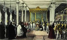 The acclamation ceremony of King John VI of the United Kingdom of Portugal, Brazil and the Algarves in Rio de Janeiro, Brazil on 6 February 1818 Aclamacao do rei Dom Joao VI no Rio de Janeiro.jpg