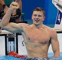 Adam Peaty broke his own world record two times to take gold medal in the 100 m breaststroke Adam Peaty Rio 2016.jpg