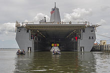 The Orion spacecraft in Arlington's well deck. Aft view of USS Arlington (LPD-24) with Orion capsule 2013.JPG