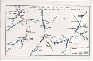 A 1912 Railway Clearing House map of lines around Bramley & Wonersh railway station Aldershot, Ash, Shalford, Basingstoke, Guildford & Peasmarsh , Wimbledon RJD 4.jpg