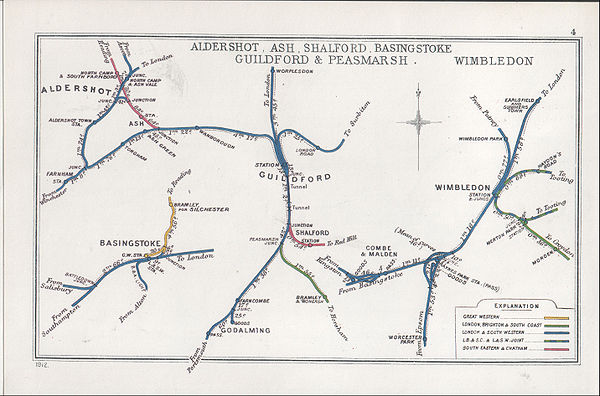 A 1912 Railway Clearing House Junction Diagram, on which Worting Junction is shown as Battledown Junction