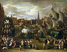 A festival at Antwerp, Belgium, in the 17th century Alexander van Bredael - A Festival in Antwerp.jpg