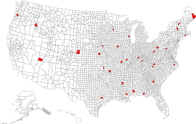 Карта на окрузите во САД со име „Вашингтон“.