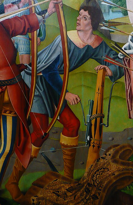 German crossbowman cocking his weapon with a cranked rack-and-pinion device (ca. 1493)