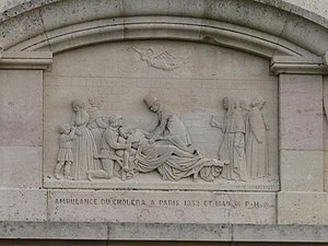 Bas-relief sur l'ambulance du choléra à Paris en 1832 et 1849. Sépulture Pailloux-Haumontré, Saint-Ambreuil, Saône-et-Loire.