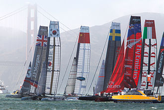 AC45s rounding the first mark in San Francisco, 2012 America's Cup World Series San Francisco.jpg