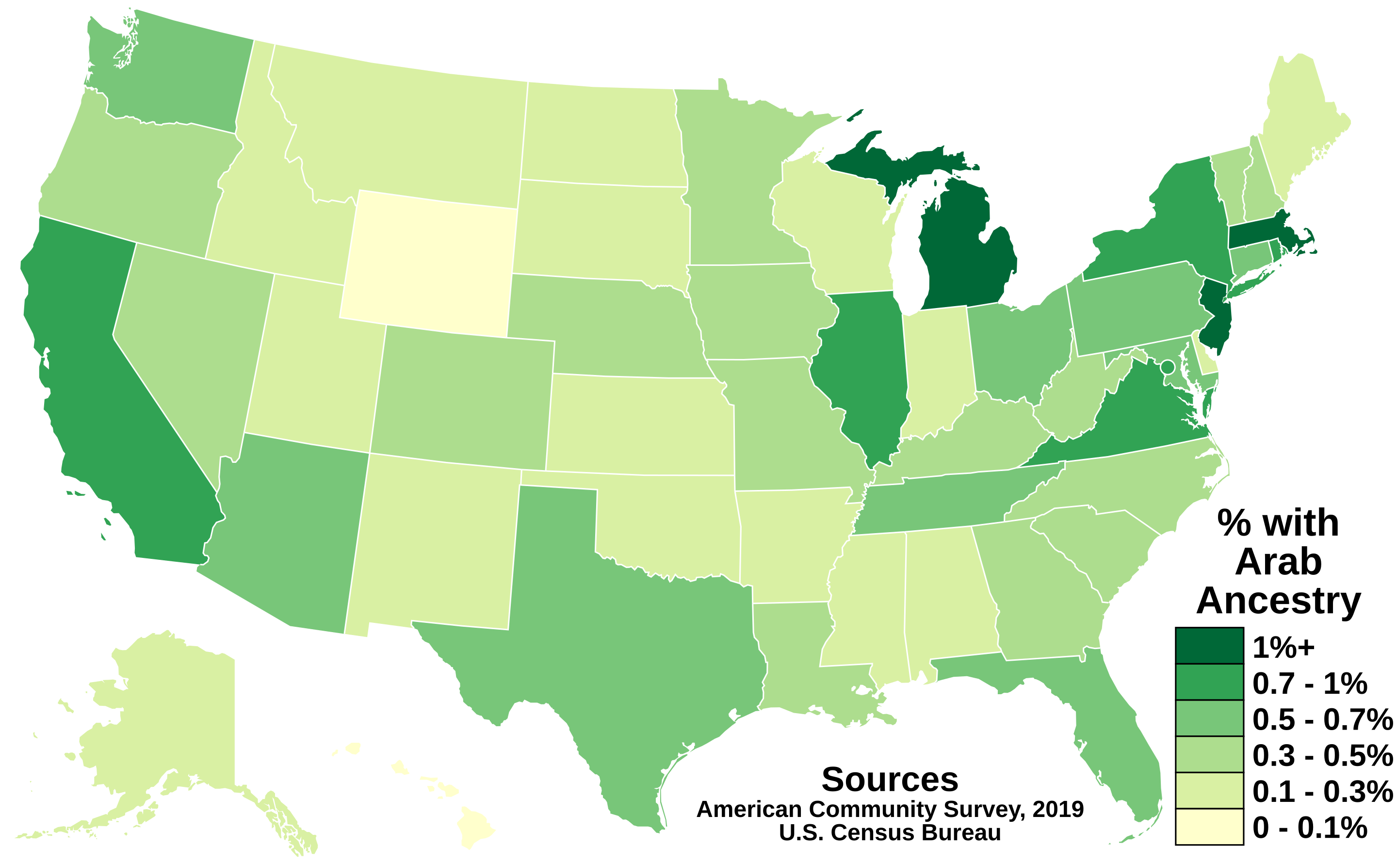 Image of United States with percentages of Arab American population density