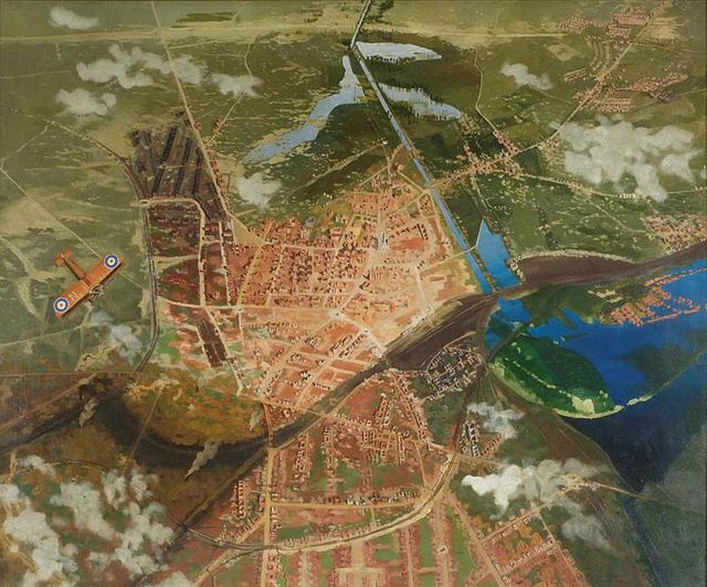"An Impression of Lens, France, Seen from an Aeroplane- the Anglo-german [sic] Front Line, 1918" (oil on canvas, Richard Carline Art.IWMART2661)