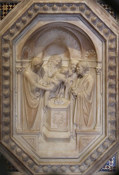 File:Andrea orcagna, tabernacolo di orsanmichele, 1359, storie di maria, presentazione di gesù al tempio 02.jpg