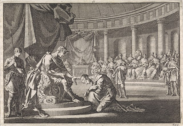 "Archelaus kneels before Augustus" (Jan Luyken, 1704)