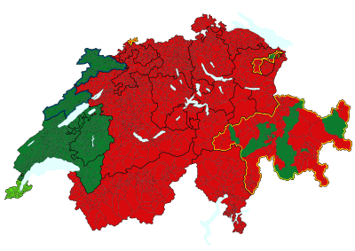 Map of Switzerland, colored according to right of resident foreigners to vote in elections on cantonal and municipal level.
.mw-parser-output .legend{page-break-inside:avoid;break-inside:avoid-column}.mw-parser-output .legend-color{display:inline-block;min-width:1.25em;height:1.25em;line-height:1.25;margin:1px 0;text-align:center;border:1px solid black;background-color:transparent;color:black}.mw-parser-output .legend-text{}
Cantons according right to vote to foreigners in cantonal referendums and elections.
Cantons or municipalities according right to vote and to stand for election to foreigners in municipal referendums and elections.
Cantons or municipalities according right to vote to foreigners in municipal referendums and elections.
Cantons giving municipalities the power to extend voting rights to foreigners in municipal referendums and elections.
Cantons or municipalities which do not give the right to vote to foreigners. Auslaenderstimmrecht Schweiz.svg