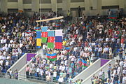 A Ukrainian flag next to the Azerbaijani and Russian flags hoisted during the 2015 European Games in Baku
