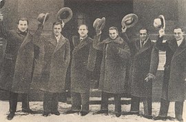 Neujahrsgrüße der Comedian Harmonists, 1930 (von links): Robert Biberti, Erich A. Collin, Roman Cycowski, Erwin Bootz, Ari Leschnikoff und Harry Frommermann