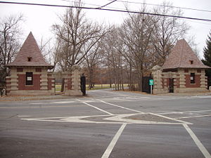 The Ballantine gates, on the east side of the park by Forest Hill, were given to Branch Brook Park by Peter Ballantine in 1899. They are modeled on gates in Scotland