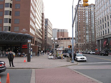 Ballston Common in Arlington, Virginia, part of the Baltimore-Washington metropolitan area, is transit-oriented, mixed-use and densified, giving a "downtown" feel in an edge city