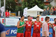 Deutsch: Beachhandball Europameisterschaften 2019 (Beach handball Euro); Tag 6: 7. Juli 2019 – Spiel um Platz Drei, Männer, Ungarn-Russland 2:0 (26:20, 23:22) English: Beach handball Euro; Day 6: 7 July 2019 – Men's Bronze Medal Match – Hungary-Russia 2:0 (26:20, 23:22)