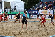 Deutsch: Beachhandball Europameisterschaften 2019 (Beach handball Euro); Tag 6: 7. Juli 2019 – Spiel um Platz Drei, Männer, Ungarn-Russland 2:0 (26:20, 23:22) English: Beach handball Euro; Day 6: 7 July 2019 – Men's Bronze Medal Match – Hungary-Russia 2:0 (26:20, 23:22)