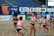 Deutsch: Beachhandball Europameisterschaften 2019 (Beach handball Euro); Tag 5: 6. Juli 2019 – Frauen, Platzierungsspiel für die Ränge 17–20, Nordmazedonien-Slowenien 0:2 (10:13, 9:15) English: Beach handball Euro; Day 5: 6 July 2019 – Placement Match/Cross Match for rank 17–20 Women – North Macedonia-Slovenia 0:2 (10:13, 9:15)