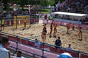 Deutsch: Beachhandball bei den Olympischen Jugendspielen 2018; Tag 3, 10. Oktober 2018; Mädchen, Vorrunde, Gruppe B - Niederlande-Argentinien 2:0 English: Beach handball at the 2018 Summer Youth Olympics at 10 October 2018 – Girls Preliminary Round Group B‎ – Netherlands-Argentina 2:0