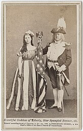 Carte de visite (c. 1866) featuring a woman dressed as Columbia and a man dressed as a Revolutionary War general
