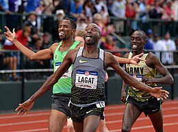 Lagat (center) winning the 5000 m race at the 2016 Olympic Trials Bernard Lagat and Paul Chelimo 2016.jpg