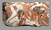 Bloc, parte dintr-un basorelief care reprezintă o bătălie; 1427–1400 î.Hr.; gresie pictată; înălțime: 61,5 cm; Muzeul Metropolitan de Artă (New York City)