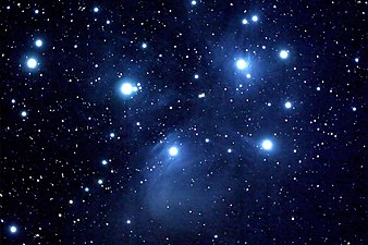 Traditionally Pleiades star cluster, in the Xhosa calendar symbolizes the beginning of the year called in Xhosa. Bob Star - M45 Carranza Field (by).jpg