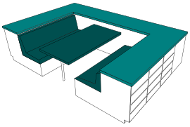 Booth island/U-shaped island Only half of the seating is easily accessible; the floor may be hard to clean.