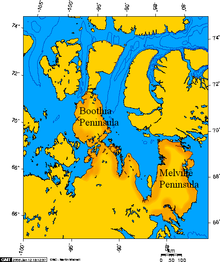 Simpson Peninsula is the north-pointing peninsula between Boothia Peninsula and Melville Peninsula