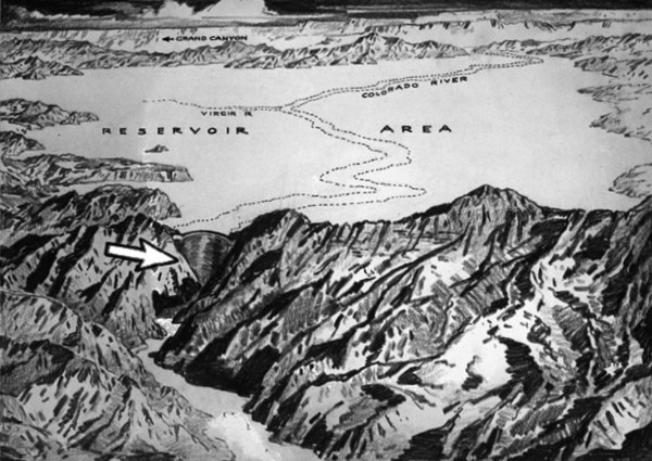 Sketch of the proposed dam site and reservoir, c. 1921