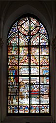 Vitrail 1 de l'église Saint-Pierre, à Bouvines, Nord, France: Conseil de guerre à Valenciennes entre les coalisés qui se partagent le royaume de Philippe-Auguste avant la bataille.