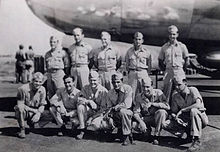 Bricker Crew (B-29) Z-1 "Pee Wee" 1944. Left to right, back row: CPT Linden O. Bricker, 2LT Kenneth R. Chidester, 2LT Jay L. Meikle, 2LT Jack O. Mueller, 2LT Clifford B. Smith. Front row: SGT Edmund G. Smith, CPL Emory A. Forrest, CPL William F. Frank, CPL Stephen J. Darienzo, SSG Richard J. Grinstead, CPL John C. Estes Bricker Crew B-29 Z-1 Pee Wee 1944.jpg