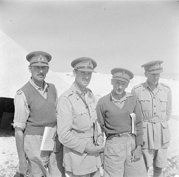 Lieutenant-General Bernard Montgomery in North Africa, late 1942 with his three corps commanders, from left to right: Lieutenant-General Sir Oliver Le