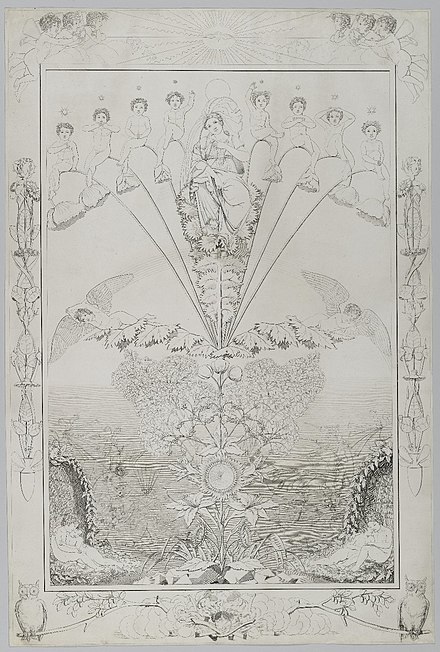 Philipp Otto Runge's pen-and-ink drawing Night (1803). Runge's Romantic use of allegorical symbolism was influenced by his reading of Novalis.[38]