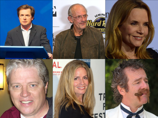 The cast of the film including (l–r, top row) Michael J. Fox, Christopher Lloyd, Lea Thompson, (bottom row) Thomas F. Wilson, Elisabeth Shue and Jeffrey Weissman