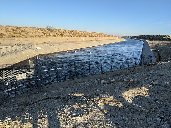 The California Aqueduct East Branch, flowing east after crossing under state route 138