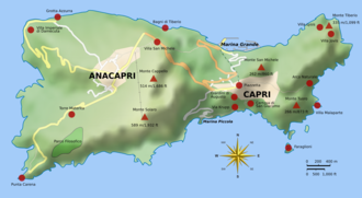 Map showing the location of Certosa di San Giacomo on Capri east of Marina Piccola. Capri sights.png