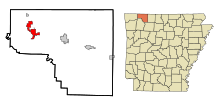 Carroll County Arkansas Obszary włączone i nieposiadające osobowości prawnej Eureka Springs Highlighted.svg