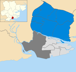 Map of the results of the 2012 Castle Point Borough Council election. Conservative in blue and Canvey Island Independent Party in light grey. Wards in dark grey were not contested in 2012. Castle Point UK local election 2004 map.svg