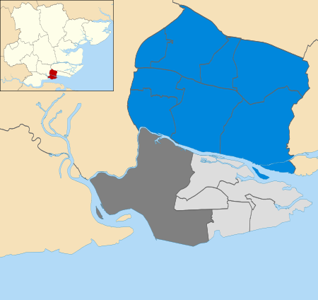 Map of the results of the 2004 Castle Point Borough Council election. Conservative in blue and Canvey Island Independent Party in light grey. Wards in dark grey were not contested in 2004. Castle Point UK local election 2004 map.svg