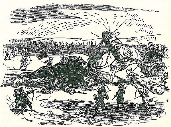 Gulliver captured by the Lilliputians (illustration by J.J. Grandville).