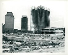 Part of the original northbound tunnel (bottom right) exposed during City Hall construction City Hall area construction (9502379483).jpg