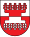 Ein Wappen mit fünf roten Blättern in einer geraden, horizontalen Reihe auf grauem Grund oben und fünf grauen Blättern auf rotem Grund unten