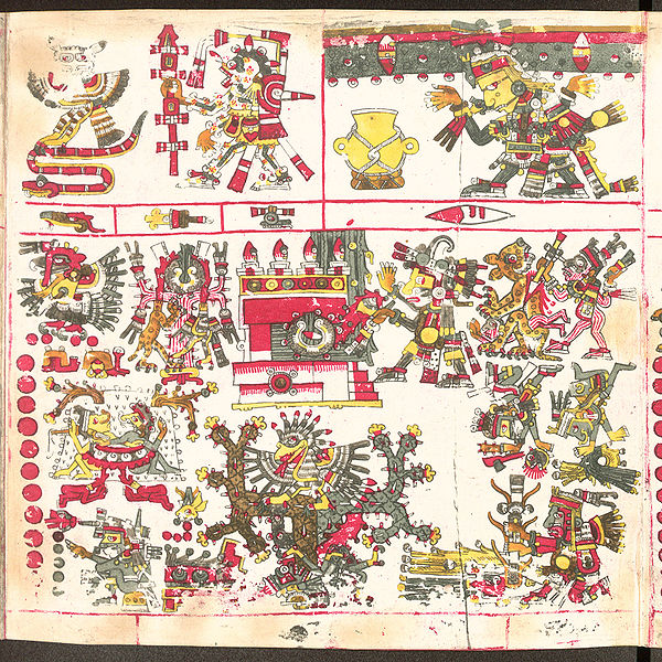 Huitzilopochtli is raising up the skies of the South, one of the four directions of the world, surrounded by their respective trees, temples, patterns