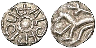 Silver sceatta of Aldfrith of Northumbria (686-705). OBVERSE: +AldFRIdUS, pellet-in-annulet; REVERSE: Lion with forked tail standing left. Coin of Aldfrith.png