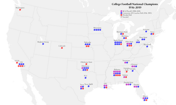Map of U.S. college football champions, 1936-2019 College Football Champions Map.png