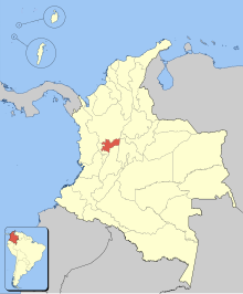 Kart over administrative grenser for Colombia.  Landet er i hvitt med blå havbakgrunn og nabolandene er gråtonet.  Caldas County er i rødt.